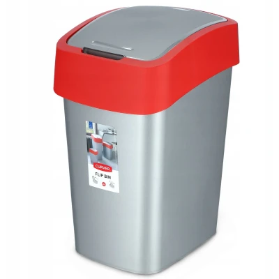 Afbeelding van CURVER Flip Bin Afvalemmer met kanteldeksel, 25 l, voor keuken, kantoor, badkamer, 26 x 34 47 cm, grijs/rood