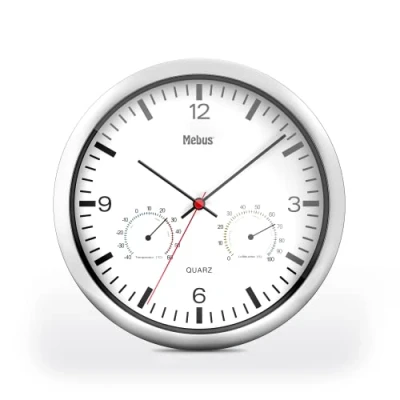 Afbeelding van MEBUS Kwartshorloge met thermometer en hygrometer/zilveren frame/wit wijzerplaat/25 cm diameter/rond/model: 56730 / kleur: zilver, wit