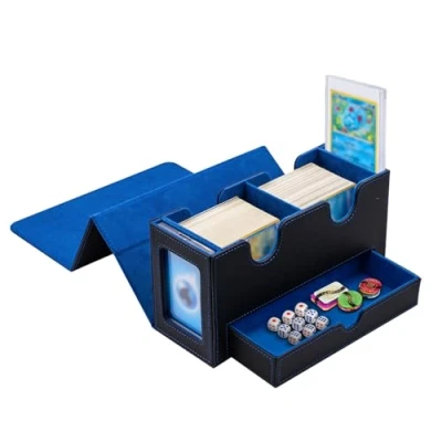 Afbeelding van Tolesum Dubbellaagse kaartenbox voor MTG, met dobbelsteenlade, 2 zijvensters, magnetische deckbox 300+ kaarten om TCG te bestellen, verzamelkaarten, blauw/zwart