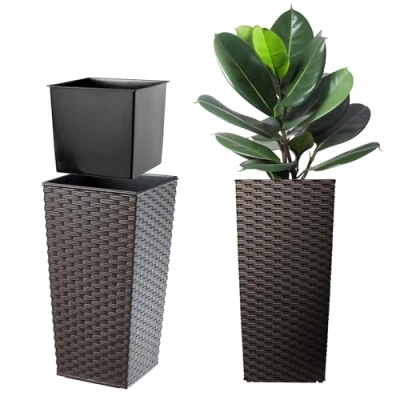 Afbeelding van KADAX Bloem/plantenpot, kunststof pot, voor binnen en buiten, tuin, balkon, terras, huis, weerbestendig, imitatie rotan, 57 cm hoog, mokka (Mokka rattan)