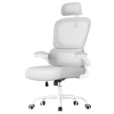 Afbeelding van SONGMICS chaise de bureau, ergonomique en maille, avec maille double, accoudoirs rabattables, support lombaire et appui tête réglables, gris tourterelle OBN041G01