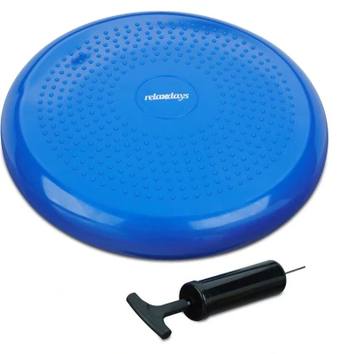 Afbeelding van Relaxdays wiebelkussen Ø 33 cm met luchtpomp max. 140 kg balanskussen noppen blauw