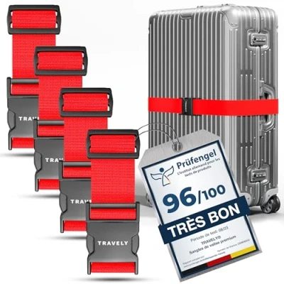 Afbeelding van Travely® Set van 4 hoogwaardige kofferriemen, bijzonder zichtbaar en veilig, met 2 naamlabels, ideale kofferriem aan het kruis, Rood