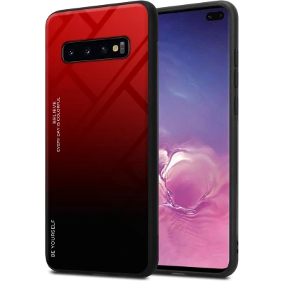 Afbeelding van Cadorabo Hoesje geschikt voor Samsung Galaxy S10 PLUS in ROOD ZWART Tweekleurige beschermhoes van TPU silicone Case Cover en achterzijde gehard glas