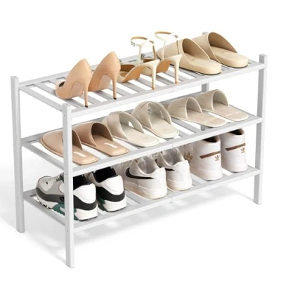 Afbeelding van BAM BOO BOX schoenenrek van bamboe, zwart, met 3 niveaus, 68 x 28 46 cm, uittrekbaar, stapelbaar, houten schoenenkast, rek voor woonkamer of hal (wit)