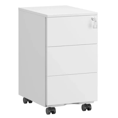 Afbeelding van SONGMICS Mobiele metalen map voor thuiskantoor, rolprinterhouder, met 3 afsluitbare laden, voorgemonteerd, kantoor, 40 x 30 54 cm, mat wit, OFC079W01