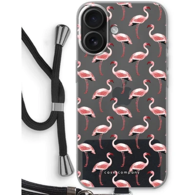 Afbeelding van Case Company® hoesje met Koord geschikt voor iPhone 16 Flamingo Telefoonhoesje Zwart Bescherming aan alle Kanten en Over de Schermrand
