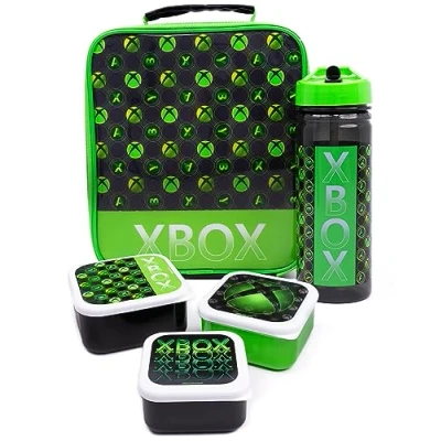 Afbeelding van Xbox Lunchtas voor kinderen, 5 stuks met gameconsole logo, schoollunchtas, BPA vrije waterfles en 3 snackpotten, groene voedselcontainers gamers