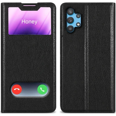 Afbeelding van Cadorabo Hoesje geschikt voor Samsung Galaxy A32 5G in KOMEET ZWART Beschermhoes met magnetische sluiting, standfunctie en 2 kijkvensters Book Case Cover Etui