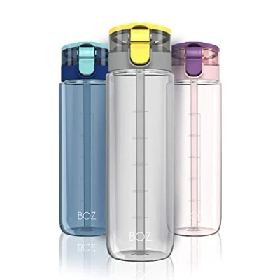 Afbeelding van BOZ Waterfles van kunststof, BPA vrij, met rietdeksel, 600 ml, lekvrij, voor sportschool, wandelen, fietsen, training, eenvoudige draaggreep, zwart
