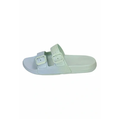 Afbeelding van Fitflop Iqushion Iridescent Twobar Buckle Slides Sagebrush Badslippers, Dames, Maat: 37, Kunststof