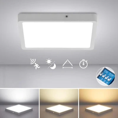 Afbeelding van Combuh Led plafondlamp met bewegingsmelder, 18 W, 1800 lm, Ø 22,5 cm, plafondverlichting tijdinstellingen, 3000 K 6000 K, vierkant, schemeringssensor, voor hal, trap, kelder