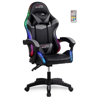 Afbeelding van AMSTRAD AMS 900 LED BK Gaming fauteuil/bureaustoel, zwart/grijs, ledverlichting, 366 effecten, afstandsbediening