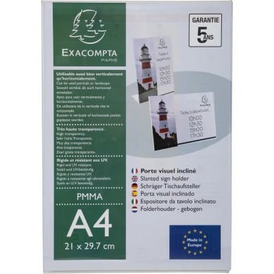 Afbeelding van Exacompta Ref. 84058D 1 A4 beeldhouder verticaal of horizontaal gekanteld Afmetingen 210 x 297 mm PMMA (acryl) menu voor restaurants, hotels, conferenties en recepties Kristalkleur