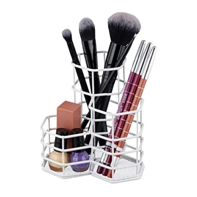 Afbeelding van Relaxdays make up kwastenhouder 3 vakken pennenbakje metaal pennenhouder cosmetica wit