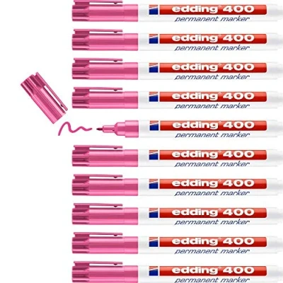 Afbeelding van edding 400 permanente markers, roze, 10 pennen, ronde punt, 1 mm, sneldrogend, water en slijtvast, voor karton, kunststof, hout, metaal, glas