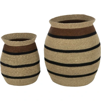 Afbeelding van J Line mand Rond Gestreept Marie zeegras bruin/zwart 2 stuks