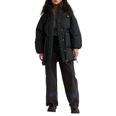Afbeelding van Levi&#039;s dames Puffer jack met strikceintuur en afneembare capuchon in de kleur Zwart, maat: XS