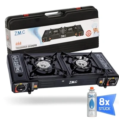 Afbeelding van Z.M.C Campinggasfornuis, 2 pits, met adapter voor lpg aansluiting + 8 gaspatronen van 227 g, campingkooktoestel piëzo ontsteking gebruik buiten en binnen
