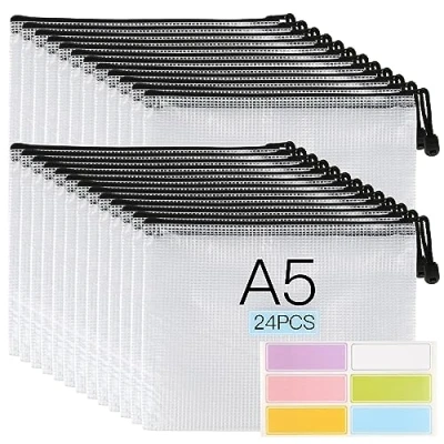 Afbeelding van 24 stuks A5 documentenmap met ritssluiting, waterdicht, kunststof, transparant, voor kantoorbenodigdheden, documenten, papier, reizen, cosmetica