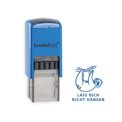 Afbeelding van Trodat edy FIX Motiverende stempel voor leraren en opvoeders, 1 luiaard motief laat je niet hangen, blauwe behuizing, voetafdruk, zelfinkt, 20 x mm