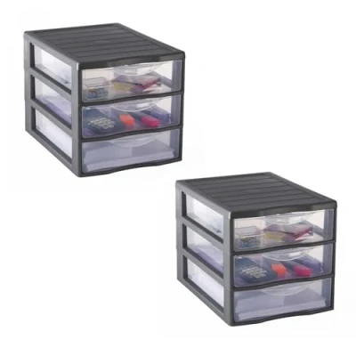 Afbeelding van Sundis Orgamix, set van 2 grijze kunststof opbergtorens, 3 transparante laden DIN A4 papier, hoogte 25,5 cm, stapelbaar, ideaal voor het opbergen kantoor, cursus, documenten, benodigdheden