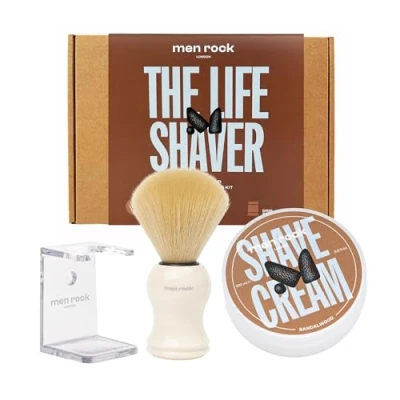 Afbeelding van Men Rock London Scheerset voor de man. Heerlijke sandalwood geur. GIFTSET (scheerzeep scheerkwast + standaard)