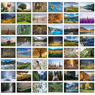 Afbeelding van Set van 48 wenskaarten met landschapsfoto&#039;s en effen blauwe enveloppen