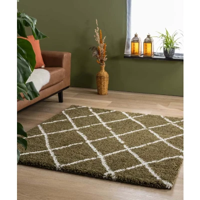 Afbeelding van Vierkant Hoogpolig Tapijt/Vloerkleed Ruiten Artisan Olijfgroen/wit 100x100 Cm