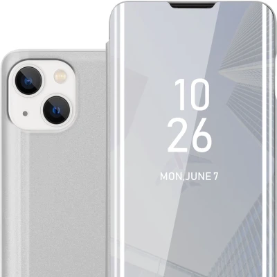 Afbeelding van Cadorabo Hoesje geschikt voor Apple iPhone 14 PLUS in AGAAT ZILVER Clear View Spiegel Beschermende Case met Tribunefunctie 360 Graden Bescherming Book Cover Etui