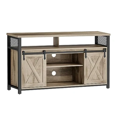 Afbeelding van VASAGLE LTV46B50 Lage tv kast voor tot 60 inch met verstelbare planken, schuifdeur, metalen frame, eikenbruin/zwart