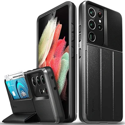 Afbeelding van Vena vCommute Beschermhoes voor Samsung Galaxy S21 Ultra (6,8 inch), (militaire kwaliteit, kaartvakken), lederen portemonneehoesje met standaard grijs