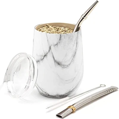 Afbeelding van BALIBETOV [Nieuw] Moderne 350 ml Yerba Mate Kalebas Set (Mate Cup) Dubbelwandig 18/8 roestvrij staal Inclusief twee bombilla&#039;s en een schoonmaakborstel (MARMEREN, 355 ml)