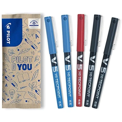 Afbeelding van Pilot 5 V5 rollerbalpen met vloeibare inkt Fijne punt voor soepel en nauwkeurig schrijven (punt 0,5 mm) Sneldrogend, lekvrij 2 zwart, blauw, 1 rood