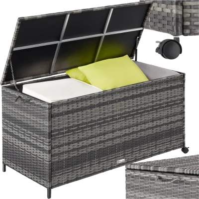Afbeelding van tectake® Opbergbox kussenbox Ca. 117x54x64cm Met 2 wieltjes en draagriem Gasdrukveren aan deksel Eenvoudige montage grijs