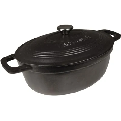 Afbeelding van Cocotte Fonte Émaillée VeoHome Noir Mat 6L ovale, Faitout Ultra Résistant,Marmite Compatible Induction/Gaz/Four, Cuisson Homogène, Saveurs Authentiques, Couvercle Relief