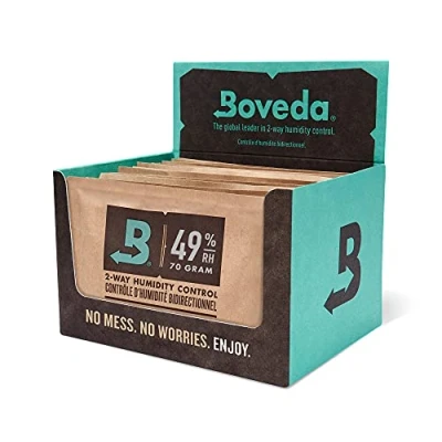 Afbeelding van Boveda voor muziek, 2 weg vochtigheidsregelaar bij 49% RH, navulverpakking stoffen zak, maat 70 fret en booghouten instrumenten, voorkomt scheuren vervormingen, kartonnen display met 12