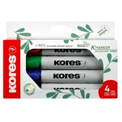 Afbeelding van Whiteboard markers Kores &quot;ECO XW1&quot; 90% recycled plastic 3mm beitel punt set van 4 kleuren