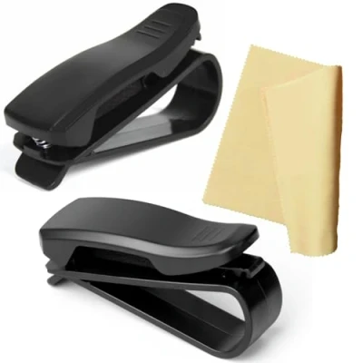 Afbeelding van brilhouder voor auto, 2 stuks, origineel zonneklep + brillendoekje, clip, zwart, mat, houder autobril, gadget, interieur, nuttig, auto accessoires, dames/heren,