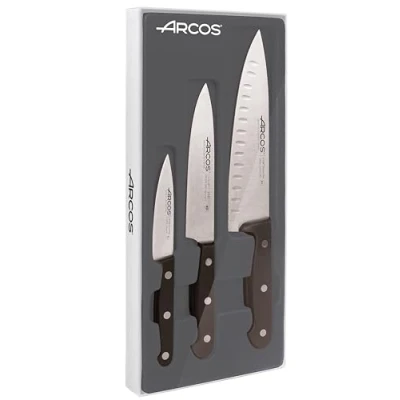 Afbeelding van Arcos 3 delige messenset Nitrumstaal. Professioneel keukenmes voor de keuken. 590 gr. Ergonomische handgreep van polyoxymethyleen POM. Universele serie. Kleur zwart.