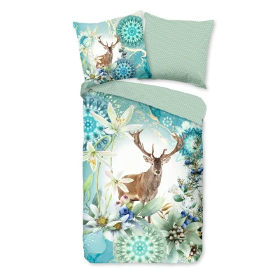 Afbeelding van Satijnen Dekbedovertrek 155x220 cm Hert en Bloemen Print Blauw/Groen 1 Persoons 100% Katoen Satijn