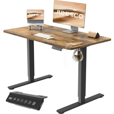 Afbeelding van JUMMICO in hoogte verstelbaar bureau 100 x 60 cm met USB stekker en kabelbak, bureau, staande tafel, ergonomisch, wielen (vintage bruin)