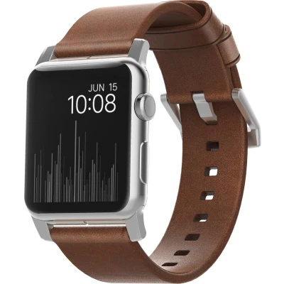 Afbeelding van Nomad modern leather strap Apple Watch 42mm / 44mm 45mm 49mm bruin zilver NM1A4RSM00