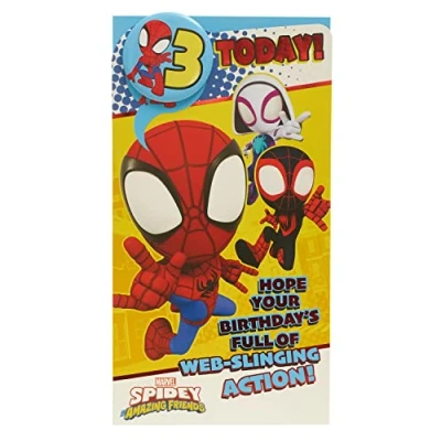 Afbeelding van UK Greetings Marvel 3 jaar verjaardagskaart voor hem/jongen met envelop badgemotief Spider Man, meerkleurig, 121 mm x 229