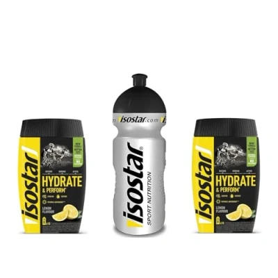Image de Isostar Hydrate &amp; Perform Iso Drink 400 g isotonisches Getränkepulver Elektrolyt Pulver zur Unterstützung der sportlichen Leistungsfähigkeit 2 x Zitrone + 0,5 Liter Flasche**G