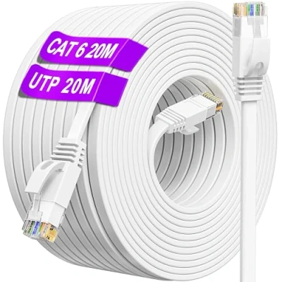 Afbeelding van Ethernet kabel, 20 m, Cat 6 RJ45, netwerkkabel, plat, wit, UTP internetkabel, high speed 1000 Mbps, 250 MHz, voor buiten, binnen, Gigabit LAN kabel router, Switch, modem PC (20
