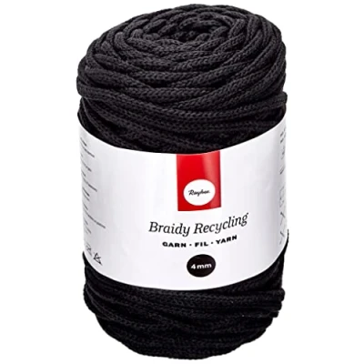 Afbeelding van Rayher Braidy 42010576 gerecycled garen gevlochten Ø 4 mm zwart 250 g lengte ca. 65 m breigaren haakgaren textielgaren knutselgaren