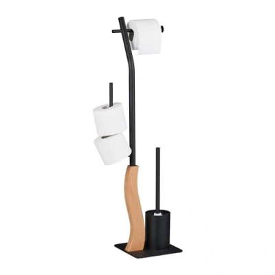 Afbeelding van Relaxdays toilet accessoires set zwarte wc rolhouder toiletborstel met houder staand