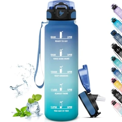 Afbeelding van Grsta Sportfles zonder verlies, 1 liter, sportwaterfles met rietje, gemakkelijk mee te nemen, wandelfles, voor volwassenen, sportfles, kamperen, fietsen