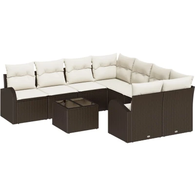 Afbeelding van vidaXL 9 delige Tuin Sofa Set met Kussens Bruin Poly Rattan, 2 zits Opslag &amp; Rattan